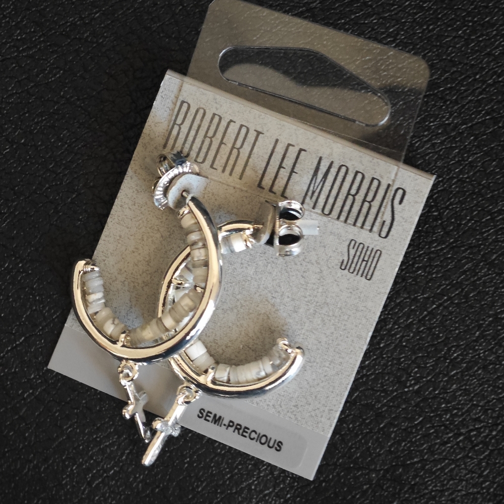 Robert Lee Morris SOHO Howlite Bead Cross Charm Hoop Earrings, RLM SOHO Earrings
